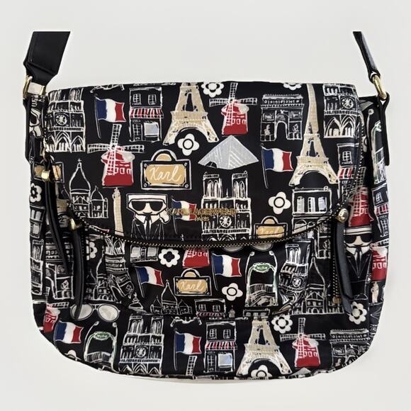 New Karl Lagerfeld 12x10x4 Paris White Scribble Print Messenger Crossbody Bag - Picture 2 of 8